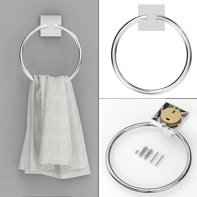 RUACQ Towel Ring for Bathroom 2pcs,Square Base Hand Towel Holder Hangers Wall Mount,Heavy Duty,Stainless Steel(Chrome)