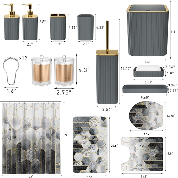 XLHOMO Bathroom Set - 26PC Bathroom Set with Shower Curtain and Rugs, Bathroom Accessory Set, Grey Bathroom Accessories Set, Trash Can & Soap Dispenser