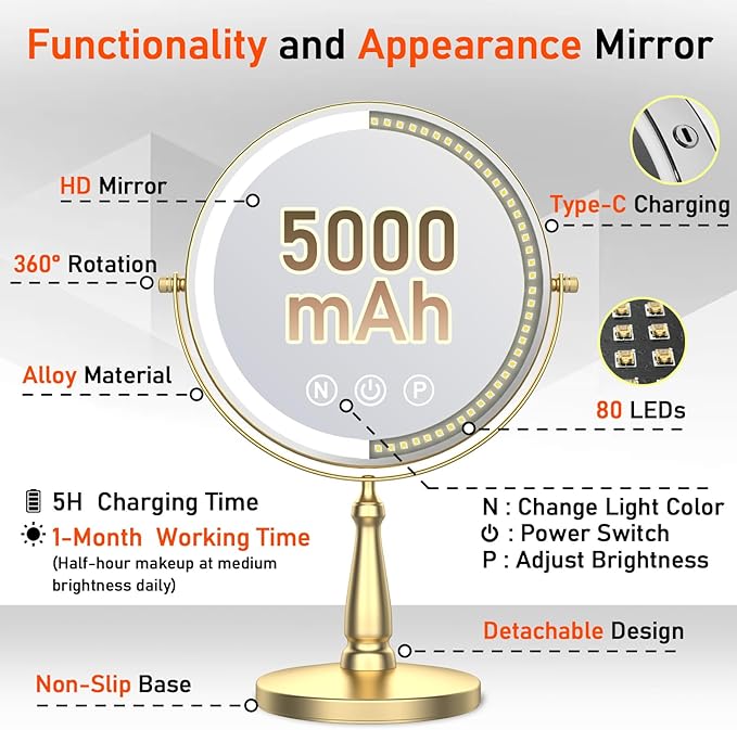 Vanity Mirror with Lights, 9'' Lighted Makeup Mirror, 1X/30X Double Sided Magnifying Mirror, 5000mAh Rechargeable, 3 Color Dimmable LED, 360° Rotation Desk Mirror for Makeup & Skincare, Gold