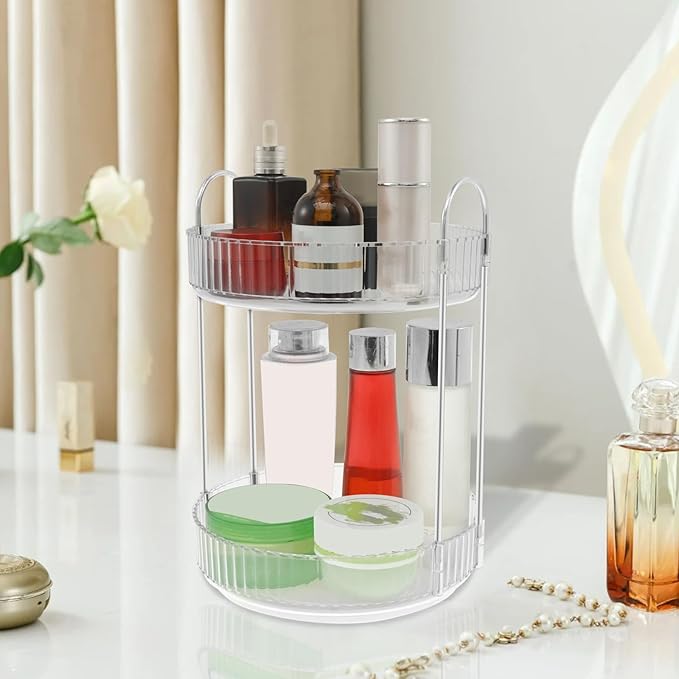 Rotating Makeup Organizer, 360° Rotating Perfume Organizer, Large Capacity Rotating Cosmetic Organizer, 2 Layers Rotating Vanity Organizer for Vanity, Bedroom, Bathroom Countertop
