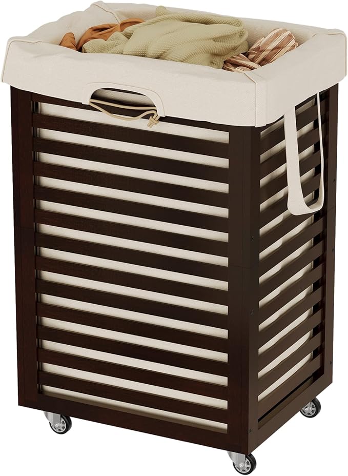 Laundry Hamper with Wheels,Rolling Laundry Basket with Removable Bag,Bamboo Clothes Hampers with Handles for Clothing, Bathroom, Bedroom, Laundry Room (Brown)