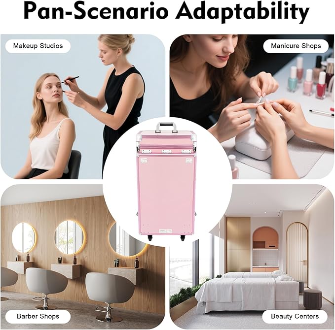 Portable Manicure Table Nail Foldable Nail Tables Travel Cosmetic Trolley Storage Organizer with 4 Drawers Mirror & Speaker Pink Artist Travel Organizer