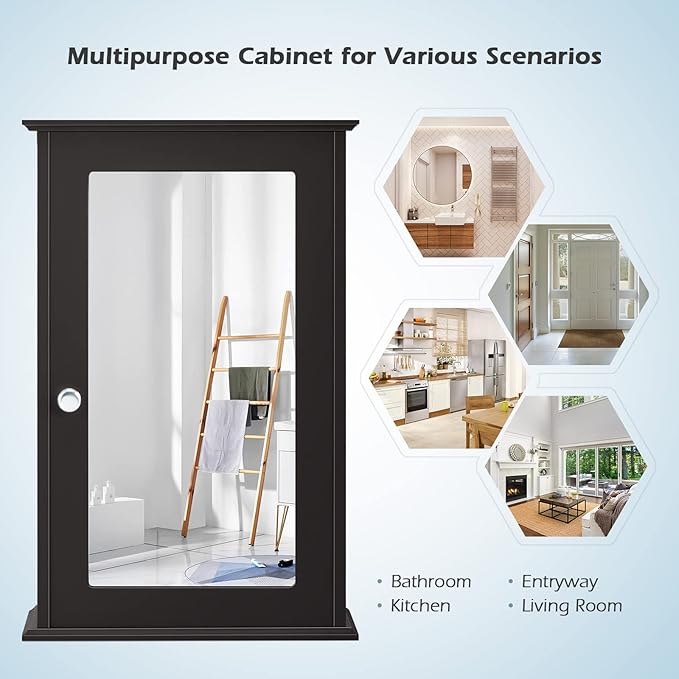 Dual-use, Wall Mount Mirror w/Adjustable Shelf, Vanity Storage Bathroom, Living Room or Entryway Medicine Cabinets, Small, Coffee