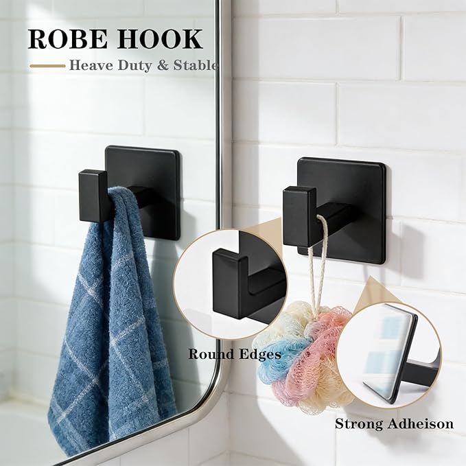 5 Pieces Self Adhesive Bathroom Hardware Set-SUS304 Stainless Steel-Towel Rack Set Include 16″Towel Bar+Toilet Paper Holder+3 Towel/Robe Hooks Bathroom Accessory (Matte Black, 16 in)