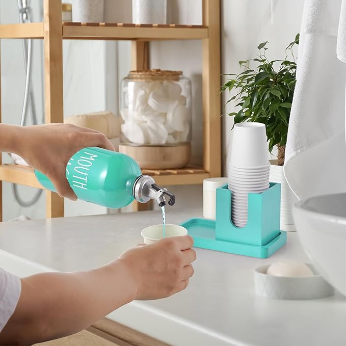 Turquoise Mouthwash Dispenser for Bathroom, 16 OZ Glass Mouthwash Dispenser with Wood Cup Holder and Tray, Mouth Wash Bottle Container, Teal Kitchen Bathroom Decor and Accessories