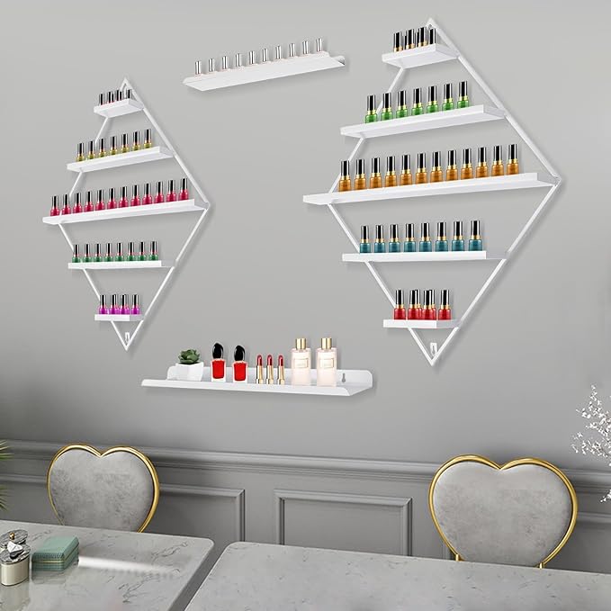4PCS Nail Polish Storage Racks, 5-Tier Wall-Mounted Metal Cosmetic Display Case Makeup Organizer Wall Shelf for Home Spa Nail Salon Perfume Lipstick (White)