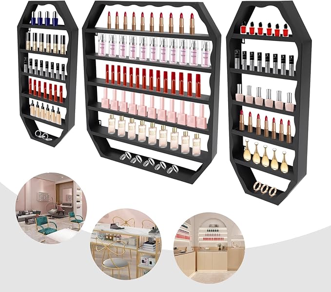 Wall Mounted Nail Polish Organizer,Nail Polish Bottle Holder,Perfumes Lipsticks Vases Display Rack,6 Tiers Octagonal Storage Rack for Homes, Nail Salons, Spas, Stores (Black)