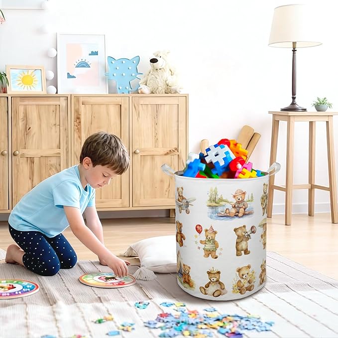 Teddy Bear Sports Laundry Basket Hamper, Bear Nursery Decor, Kids Foldable Clothes Toys Books Storage Box Bins Baskets Organizer for Toddler Kids Bedroom Playroom Bathroom
