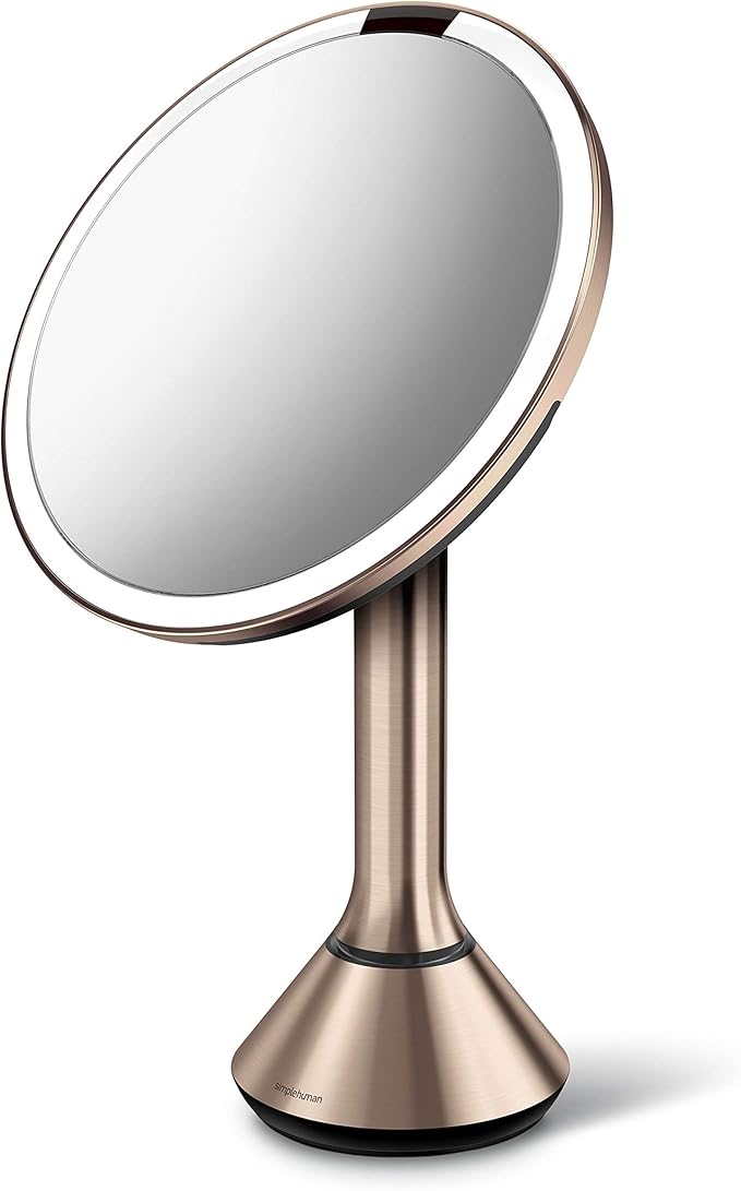 simplehuman 8" Round Sensor Makeup Mirror with Touch-Control Brightness 5X Magnification, Rechargeable and Cordless, Rose Gold Stainless Steel