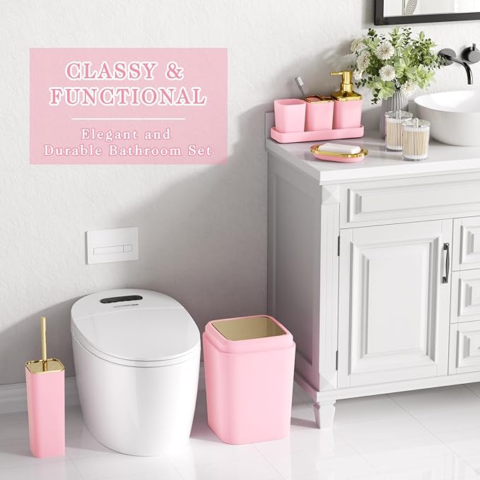XLHOMO Bathroom Set - Pink Bathroom Sets with Shower Curtain and Rugs, 24PCS Shower Curtain Set with Hooks, Soap Dispenser, Soap Dish, Toilet Brush Holder and Trash Can for Housewarming