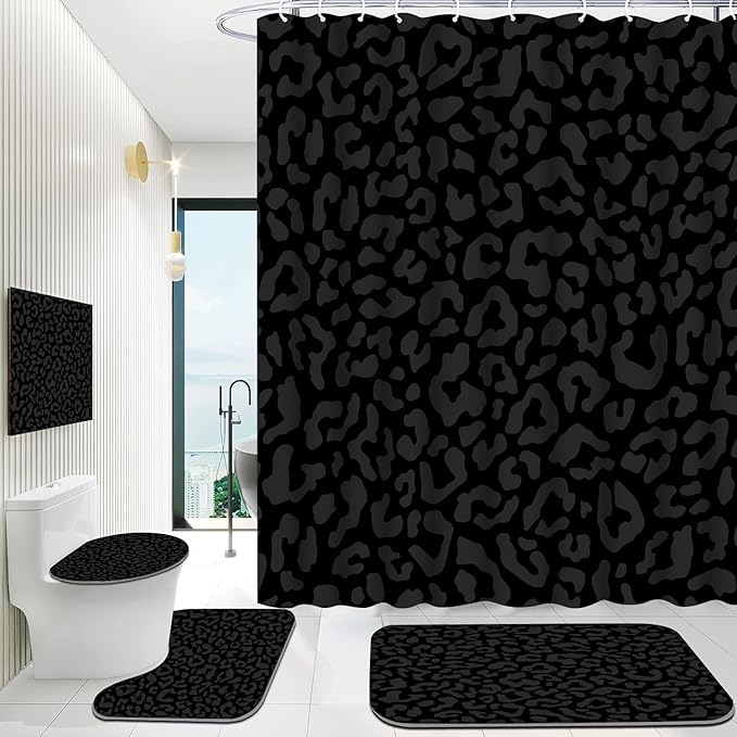 Onalasyc 4 Pcs Cheetah Shower Curtain,Black Leopard Animal Print Bathroom Sets,Cheetah Bathroom Decor Set with Shower Curtain and Rugs,Bathroom Sets Complete,Set de baño,with 12 Pcs Hook