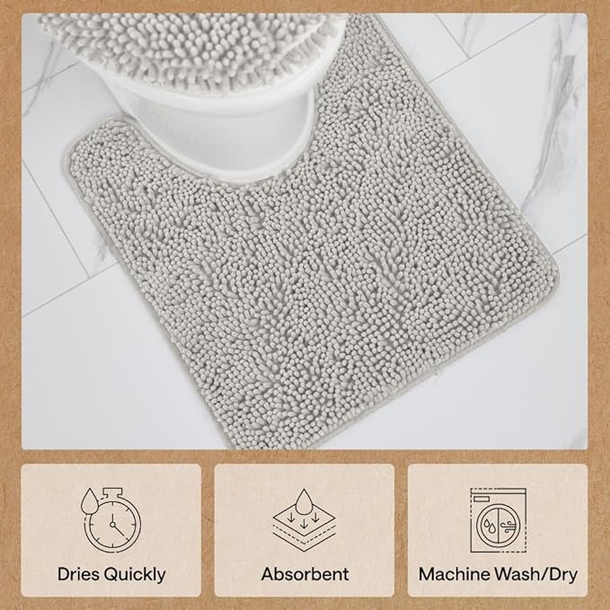GORILLA GRIP Plush Absorbent Shaggy Chenille Bath Rug Mat for Square Toilet Base with Rubber Backing, Machine Washable Rugs, Soft Microfiber Contour Mats for Toilets, Bathroom Decor, Lt Gray