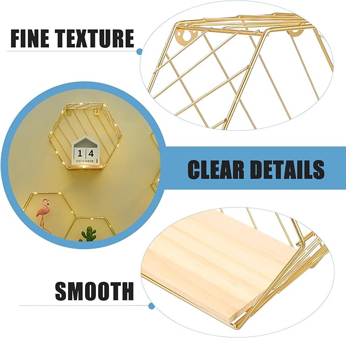 Luxshiny Wall Shelf with Hooks Gold Hexagonal Iron Rack Multi-Functional Decorative Storage Shelf for Bathroom Kitchen Living Room Wall Mounted Organizer