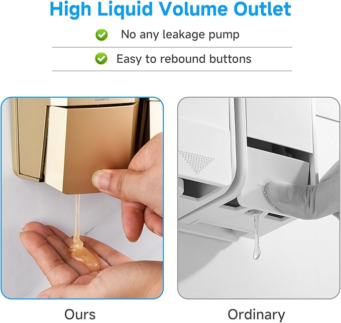 Shampoo and Conditioner Dispenser,Shower Dispenser 2 Chamber No Drill Shampoo Dispenser for Shower Wall Mounted Shower Soap Dispenser for Bathroom Hotel,Large Capacity 2 * 500ML,Gold