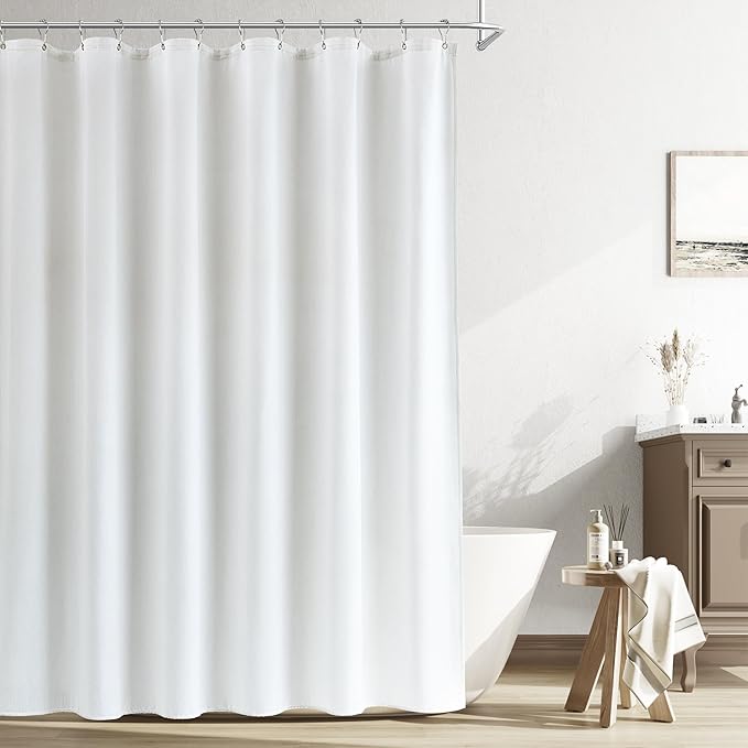 Naturoom 72x90 Inch Shower Curtain, Long Linen Weighted Thick Fabric Bathroom Shower Curtain, Neutral Hotel Elegant Modern Farmhouse Style Bath Curtains Set with 12 Plastic Hooks, White
