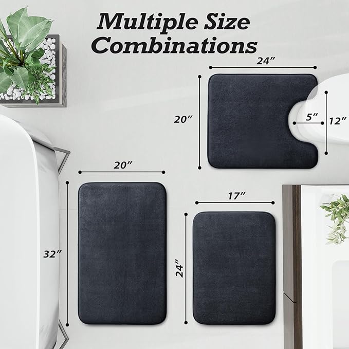 HUXMEYSON Bathroom Rugs Sets 3 Piece, Non-Slip & Quick Dry Bath Mat Set, Ultra Soft Velvet Bath Rugs for Bathroom, Toilet and Shower Floor, Dark Grey