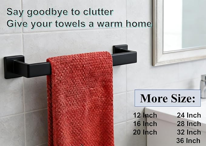 12 Inch Bathroom Towel Bar SUS304 Stainless Steel Matte Black Towel Holder Wall Mounted Heavy Duty Towel Rack Bathroom Towel Rod Modern Square Base Design(1, Matte Black, 12 Inch)