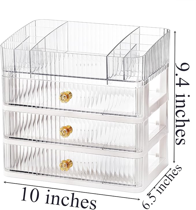 Coloch Plastic Makeup Organizer with 3 Drawers, Cosmetics Display Case for Vanity Countertop Organization Box for Makeup, Skincare, Lipsticks, Jewelry, Bathroom, Bedroom