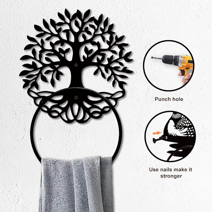 MAYJOYDIY Tree of Life Metal Towel Ring Leafy Plant Towel Holder Tree Bath Towel Ring for Wall Black Art Towel Rack Wall Mounted for Bathroom Kitchen Towel Hanger Home Decors Gift