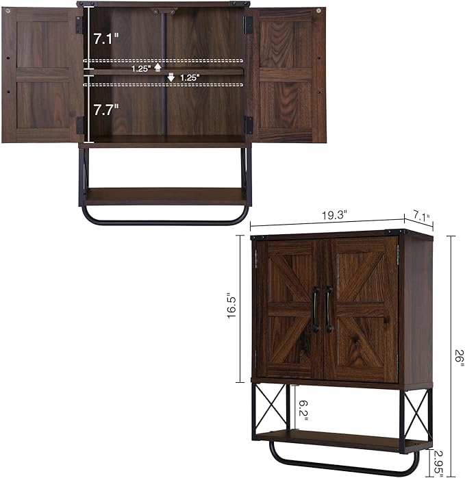 RUSTOWN Farmhouse Medicine Cabinet with 2 Barn Door,Wood Wall Mounted Storage Cabinet with Adjustable Shelf and Towel Bar, 3-Tier Bathroom Cabinet for Bathroom, Living Room(Dark Walnut, Medium)