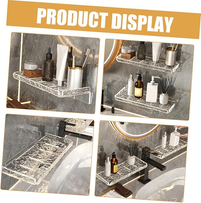 2pcs Floating Wall Shelf Bathroom Storage Rack Transparent Wave Pattern No-Drill Mount Organizer for Toothbrushes Cups Toothpaste Kitchen Bedroom