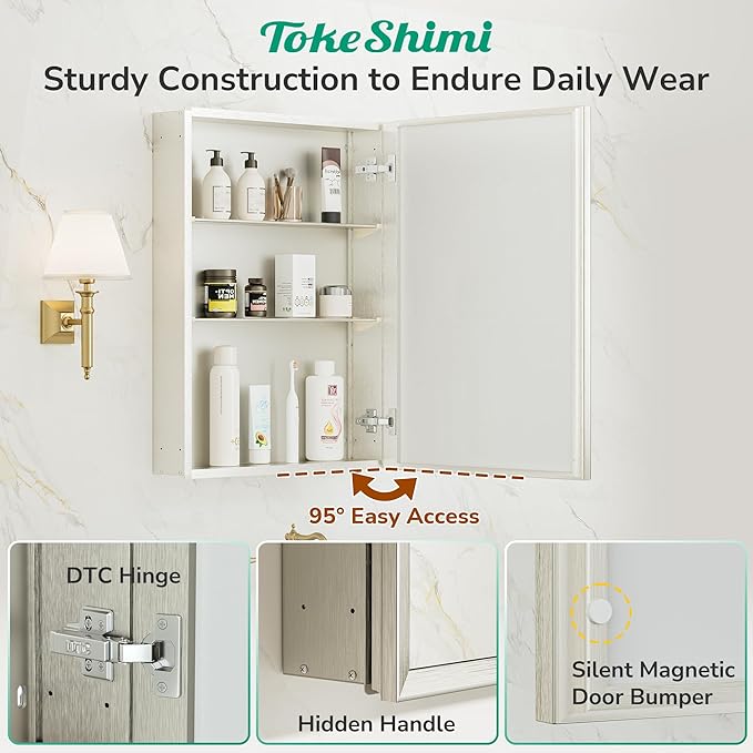 TokeShimi 16 x 20 Medicine Cabinet with Mirror, Assembly Required, Brushed Nickel Bathroom Recessed Medicine Cabinet with Mirror, Stepless Adjustable Shelves, Beveled Aluminum Frame, DTC Hinge