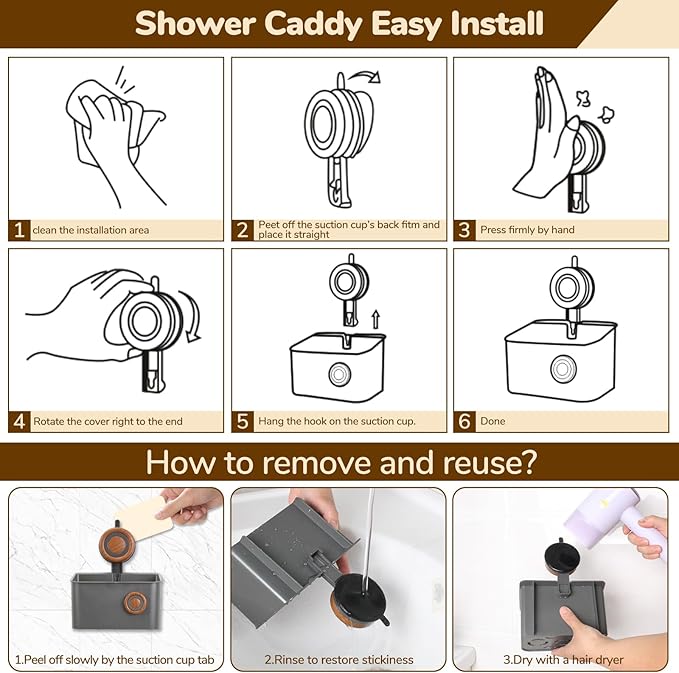 Shower Caddy Suction Cup, Removable Waterproof Bathroom Organizer Shower Shelf with Drainage, Suction Plastic Storage for Inside Shower, Shampoo, Bathroom Accessories Holder, Gray (Mahogany-S)
