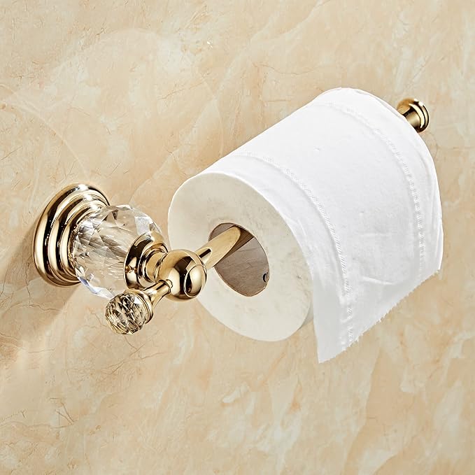 Crystal Bathroom Hardware Set,Adjustable Towel Rack, Toilet Roll Paper Holder,Hand Towel Holder,Hook,Gold Bathroom Accessories Set Wall Mounted (Bright Gold)