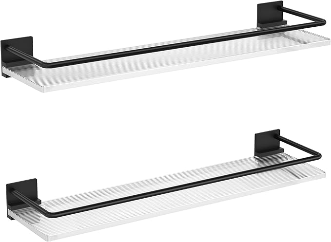 Acrylic Bathroom Floating Shelves - Set of 2, Wall Mounted Shelves for Suitable for Lavatory, Kitchen, Laundry Room, Farmhouse, for Item Storage/Room Decoration (Black)