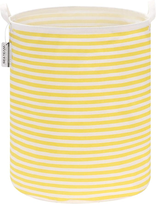 Sea Team 19.7 Inches Large Sized Waterproof Coating Ramie Cotton Fabric Folding Laundry Hamper Bucket Cylindric Burlap Canvas Storage Basket (19.7", Stripe/Yellow)