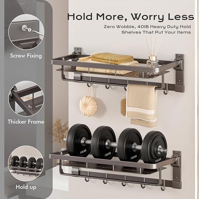 Rust-Proof Floating Shelves Organizer with Foldable Towel Bar 5 Towel Hooks Wall Mounted Organizer 23-Inch Towel Racks for Bathroom Lavatory Kitchen Rv Home Decor, Grey
