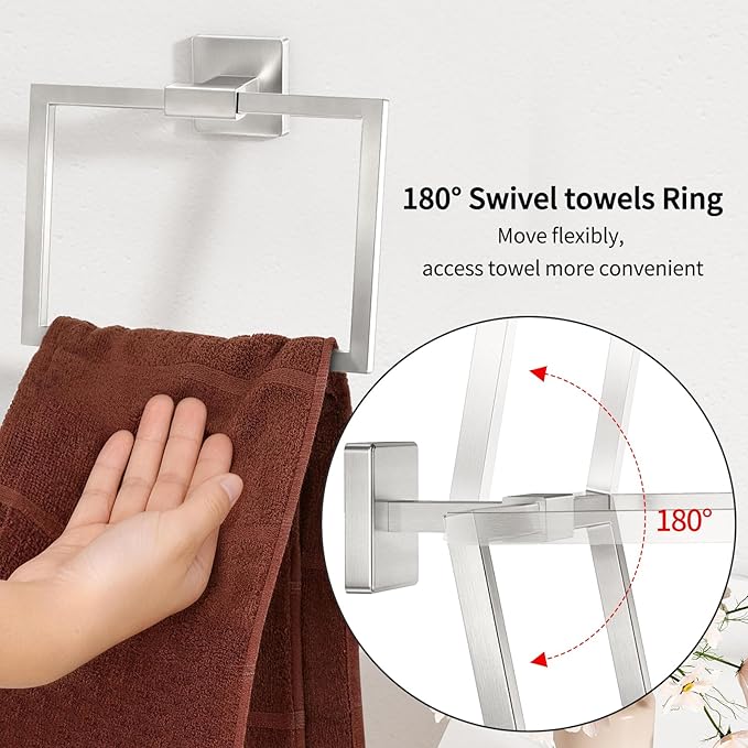 CHJgroup Bathroom Hand Towel Holder, Square 180?? Swivel Towel Rings for Bathroom Wall Stainless Steel Heavy Duty, Brushed Nickel