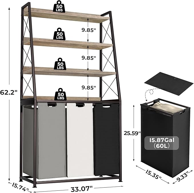 Herture Laundry Basket, 3 Section Laundry Hamper with 4 Tiers Shelf, Pull-Out and Removable Laundry Bags, Large 3 x 15.87 Gallons, for Laundry Room Bathroom Greige PF05XLZ