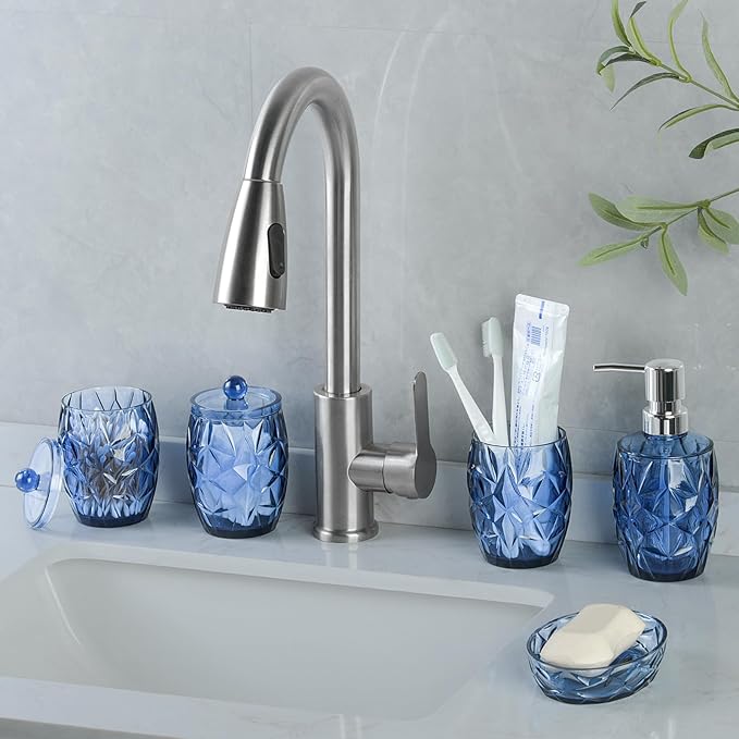 Modern Shatterproof Acrylic Cobalt Blue Bathroom Accessories Set – 5-Piece Glass-Free Vanity Set with Soap Dispenser, Toothbrush/Makeup Brush Holder, 2 Cotton Jars with Lids, and Soap Dish