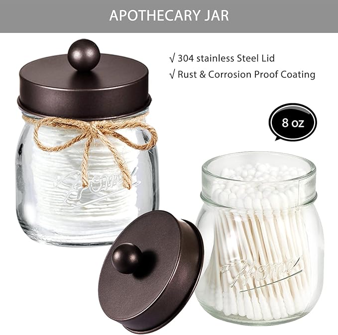 SheeChung 8PCS Bathroom Accessories Set Complete - Soap Dispenser, Mason Jar Toothbrush Holder, 2pcs Qtip Holders, Flower Vase, Soap Holder, Vanity Tray, Toilet Paper Storage, Glass Gift Set - Bronze