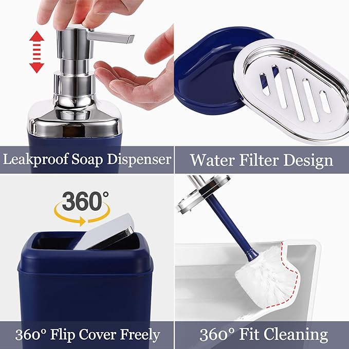 XLHOMO Navy Blue Bathroom Accessories Set, 9-Piece Plastic Gift Set with Trash Can, Toothbrush Holder, Toothbrush Cup, Soap Dispenser, Soap Dish, Toilet Brush Holder,2 Qtip Holder Dispensers and Tray