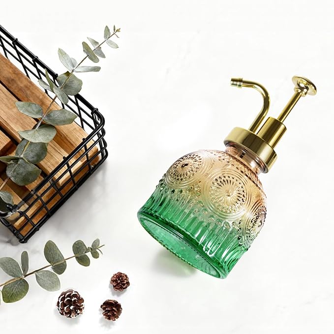 Amolliar 8 Oz Vintage Glass Bathroom Soap Dispensers with Pump, 2 Pack Refillable Kitchen Dish Soap Dispenser with Stripe, Antique Rustic Hand Soap Liquid Bottle (Green Gradient-Golden Pump)