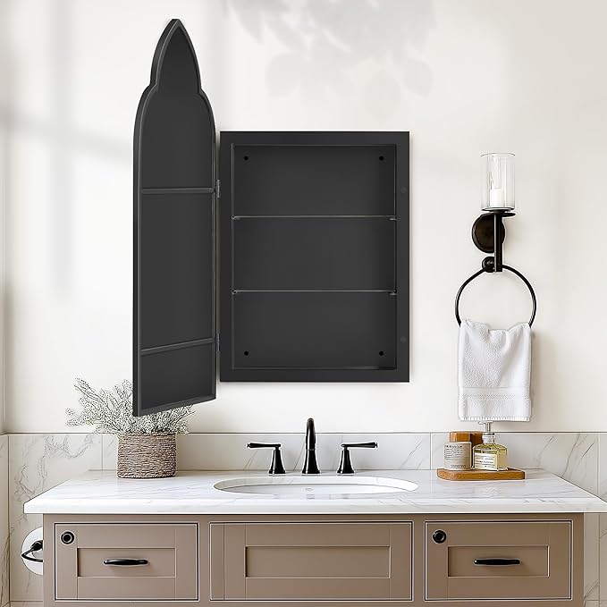 SogesHome Medicine Cabinet with Mirror, Magic Mirror with Cabinet 2 Shelves, Wall Mount/Recessed Mirror with Medicine Storage, Perfect for Bathroom and Home Decor, Black