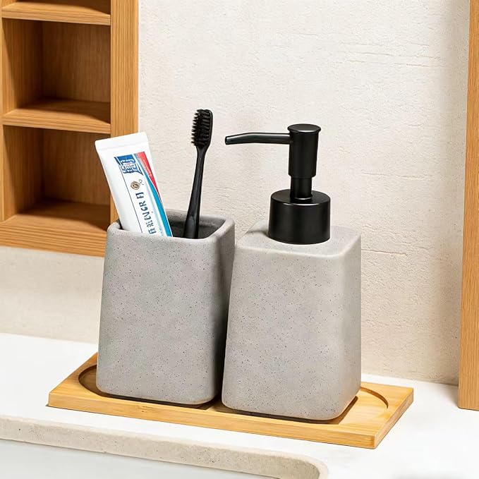 Grey Ceramic Bathroom Accessories Set,Soap Dispenser and Toothbrush Holder with Wooden Tray,Countertop Organizer for Stylish Bathroom