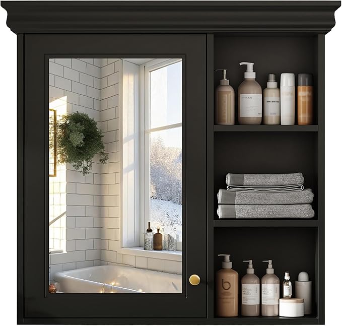 Merax Modern Bathroom Medicine Cabinet with Mirror, 30" x 28" Wall Mounted Medicine Cabinet with Storage and Open Shelves, Over The Toilet Mirrored Wall Storage