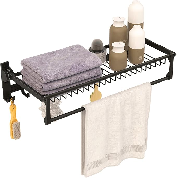 Tangkula Foldable Bathroom Shelf, Wall Mounted Bathroom Shelf Rack w/Adjustable Bar & Movable Hooks, Rustproof & Waterproof Space-Aluminum Holder Organizer, No Assembly Required (Black)