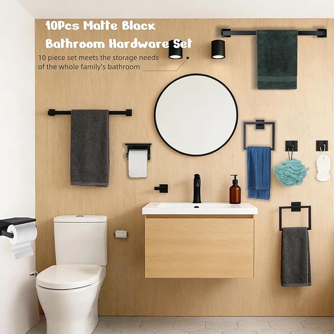 10Pcs Matte Black Bathroom Hardware Set, 24 Inch Towel Holder Accessories, Towel Rack Wall Mounted, Stainless Steel Square Hand Bar for Bathroom Shower Bath Kitchen Wall Mounted