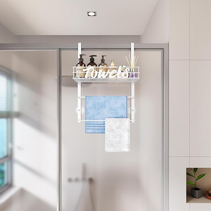 SWTYMIKI SWTYMIKI Over The Door Towel Racks for Bathroom - 5-Tier Wall Mounted Bathroom Towel Storage Organizer Holder with Metal Shelf (3 Tier-White)