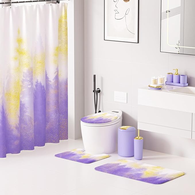 Purple and Gold Bathroom Accessories, Bathroom Sets with Shower Curtain and Rugs, Bath Rugs Accessory Set with Bathroom Trash Can, Soap Dispenser, Soap Dish for Home Decor