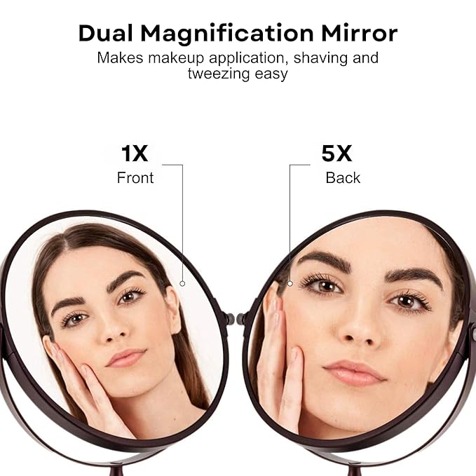 OVENTE 7'' Tabletop Makeup Mirror with 1X/5X Magnification, 360° Swivel Design and Double-Sided Free-Standing Vanity Mirror Perfect for Dresser, Bedroom and Office Desk, Antique Bronze MNLDT70ABZ1X5X