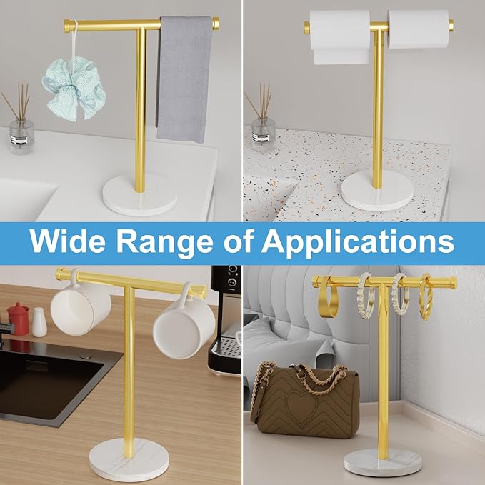 Hand Towel Holder, T-Shape Hand Towel Stand with Heavy Marble Base, Stainless Steel Towel Bar Rack for Bathroom Vanity, Kitchen Countertop, Gold