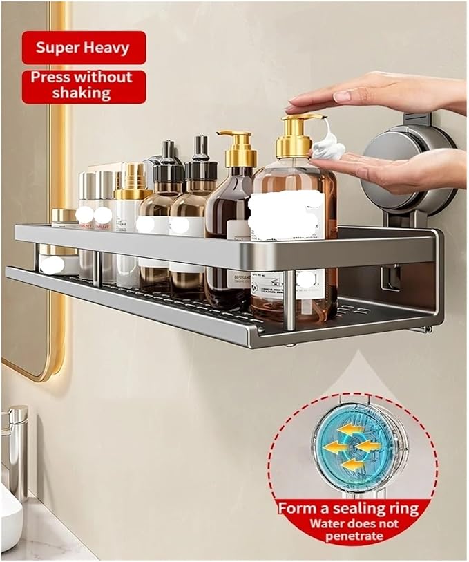 No Drill Suction Cup Suction Bathroom Rack Bathroom Shelf Toilet Space Aluminum Hanging Rack Bathroom Organizer Hang On The Wall(Grey layer 60cm rod)