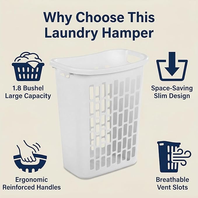 (3-Pack) 1.8 BUSHEL Slim-Iine Open Plastic Laundry Hamper, with Reinforced Handle for Easy Carrying of Clothes, Durable, Suitable for Bedrooms, Laundry Rooms, Bathrooms, White