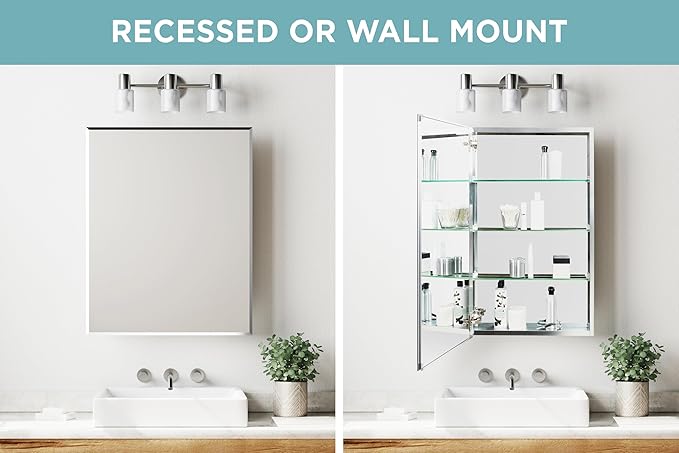 Zenna Home Bathroom Medicine Cabinet with Mirror, Frameless Bathroom Wall Cabinet with Rustproof Aluminum Body, 3 Adjustable Glass Shelves, Recessed or Surface Wall Mount Installation, 24 x 30 Inches
