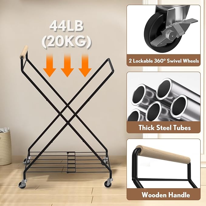 Foldable Metal Laundry Basket with Wheels, 2-Section Rolling Laundry Hamper, 37 Gallons (140L), Only 4LB, Removable Liner, Steel Frame with Handle